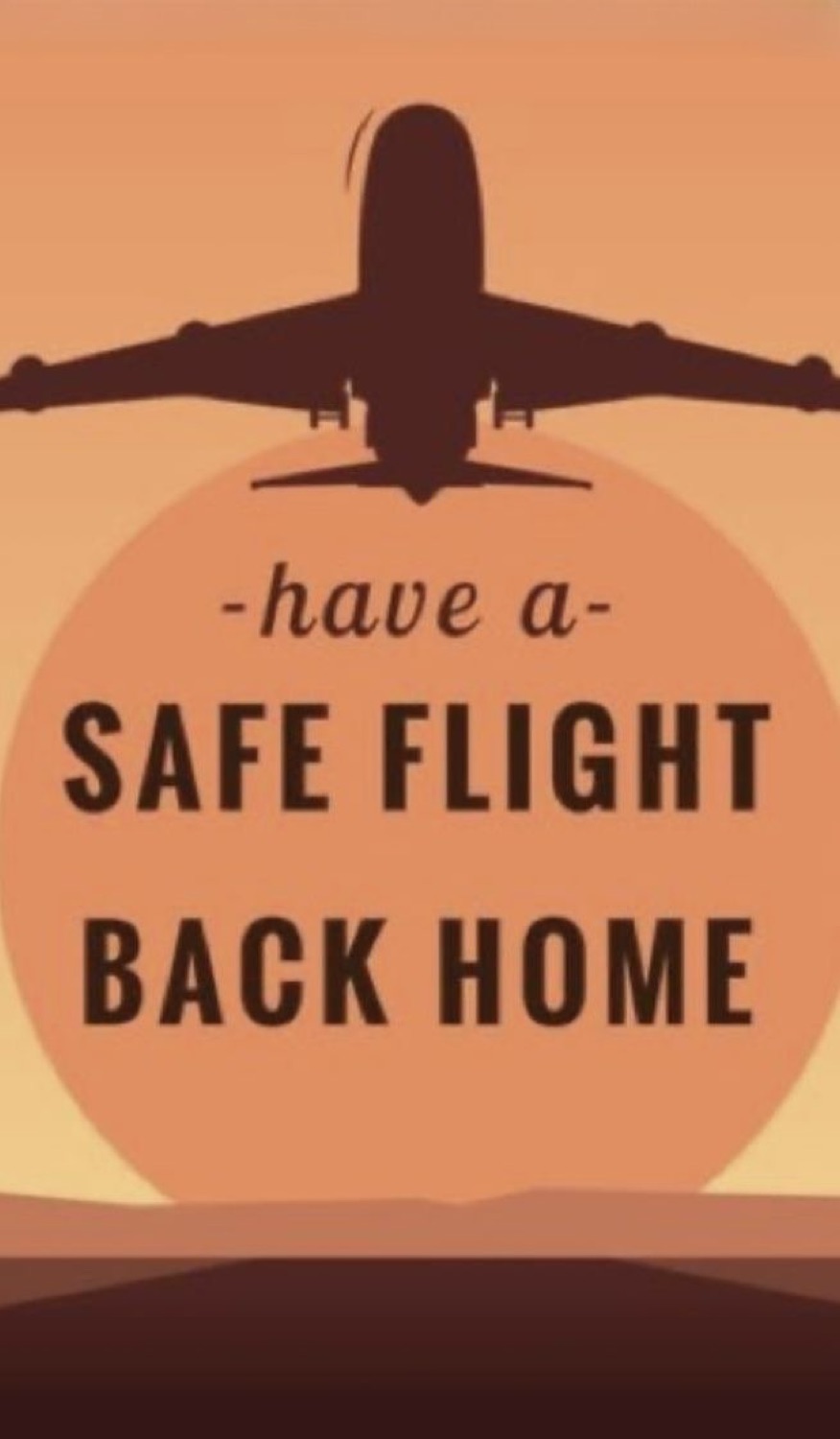 Plane silhouette on an orange sun: '-have a- SAFE FLIGHT BACK HOME'
