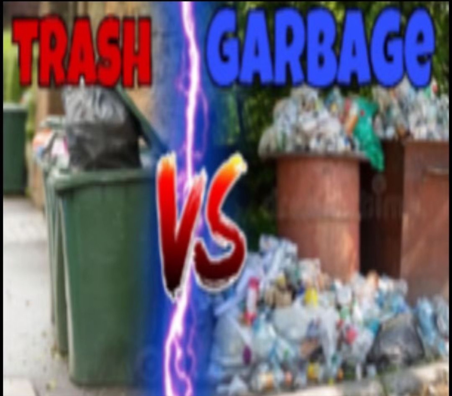 Mock 'TRASH VS GARBAGE' showdown thumbnail with bins on both sides