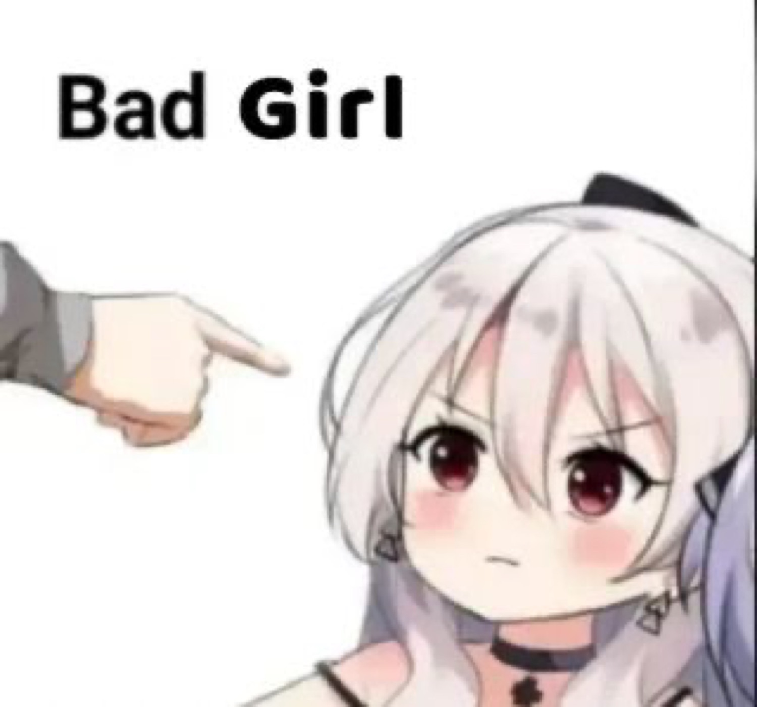 Anime girl with silver hair gets pointed at and labeled 'Bad Girl,' looking utterly unbothered