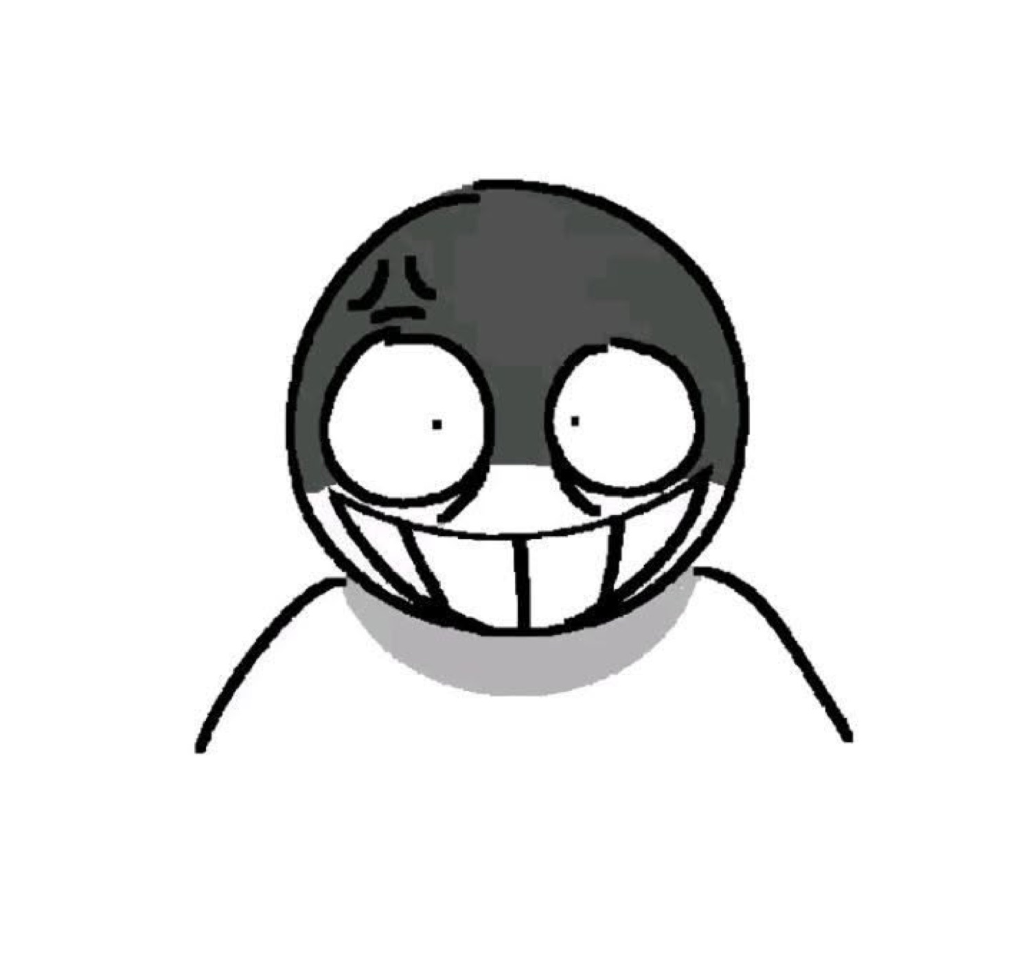 Crude doodle of a grinning face with buck teeth and huge wild eyes