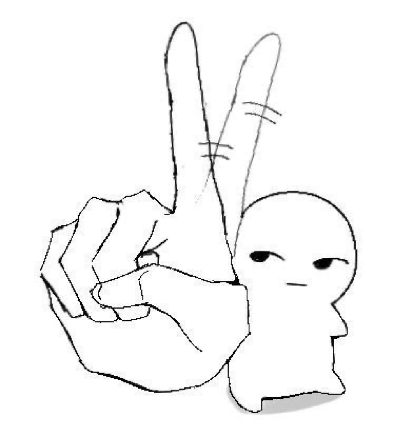 Tiny cartoon figure doing a peace sign next to a hand, radiating unbothered energy