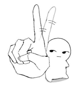 Tiny cartoon figure doing a peace sign next to a hand, radiating unbothered energy