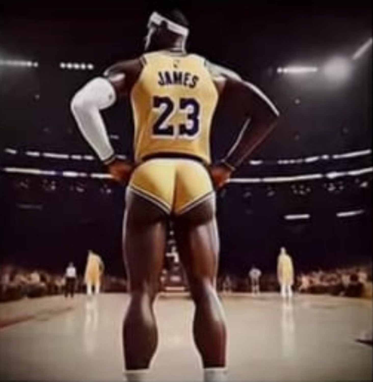 Exaggerated stylized figure in a Lakers JAMES 23 jersey standing hands-on-hips on the court
