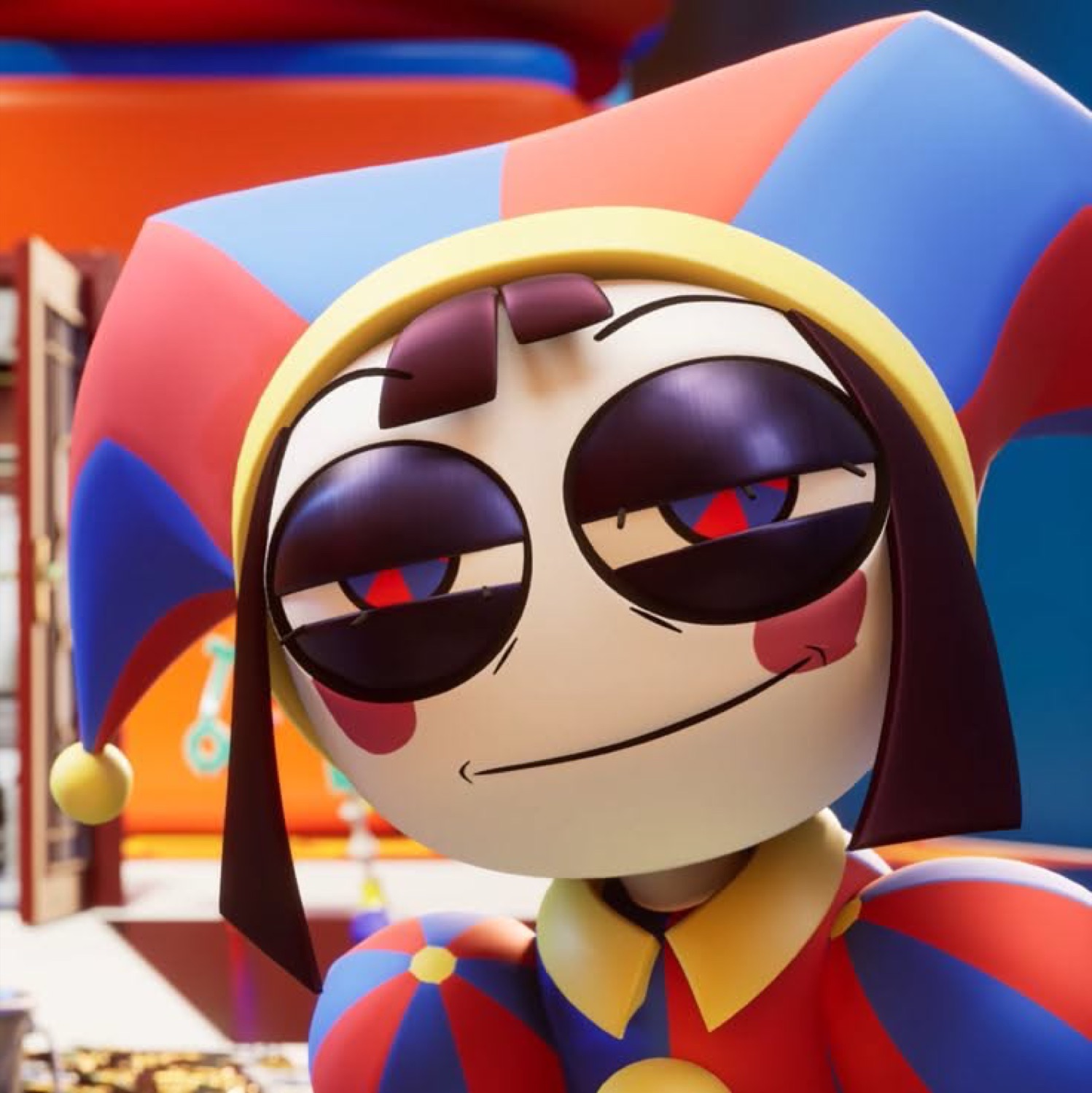 3D jester character with heavy-lidded eyes and a sly little smirk