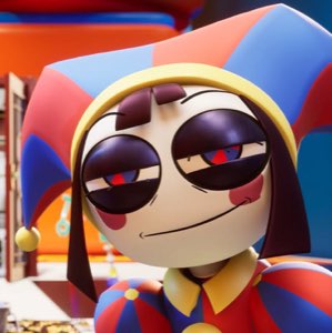3D jester character with heavy-lidded eyes and a sly little smirk