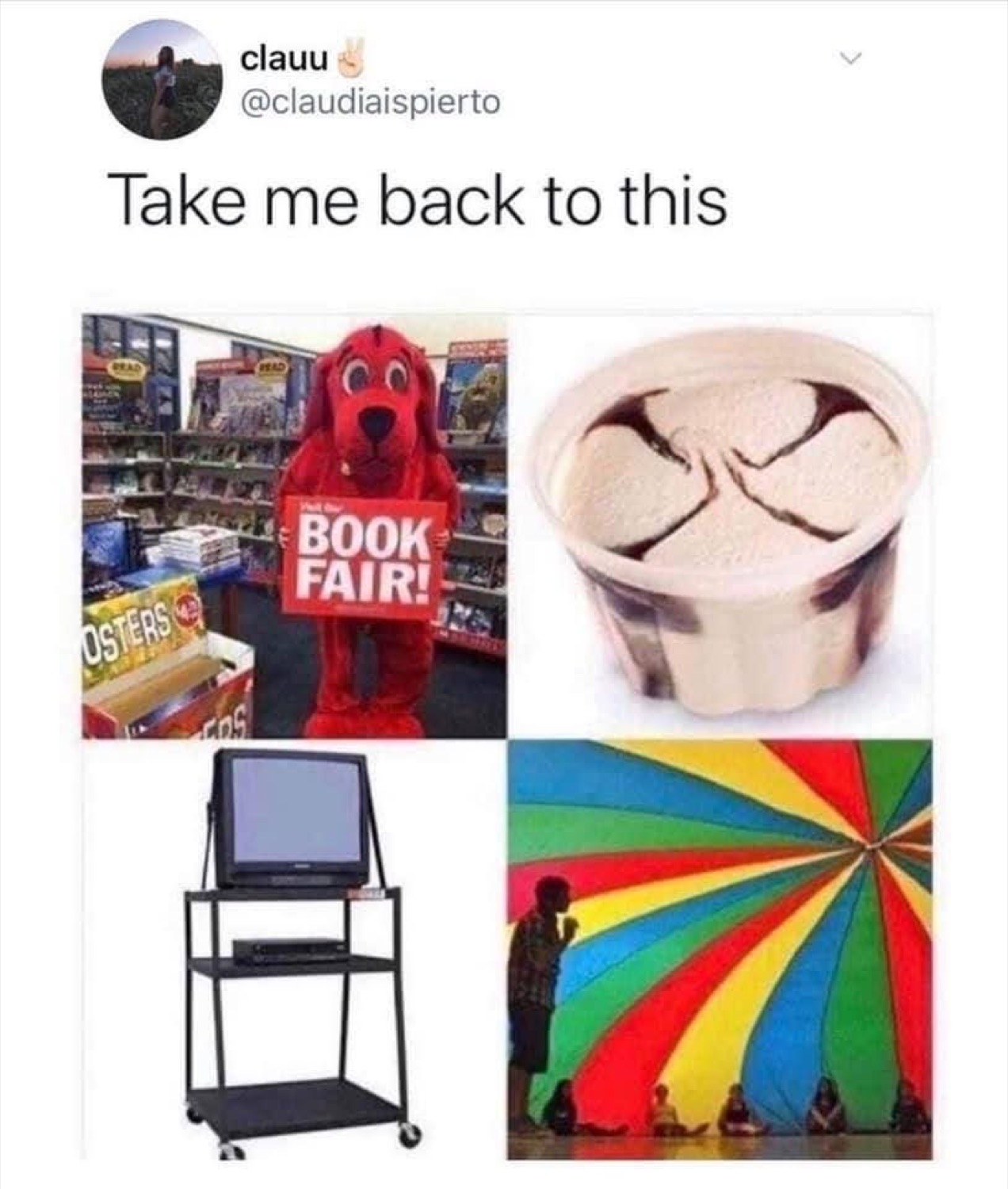 Tweet 'Take me back to this' over Clifford at the book fair, a TV cart, ice cream cup and a play parachute