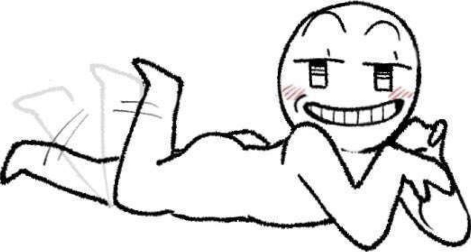 Stick figure lying down with a big grin and blushing cheeks, looking very pleased with itself