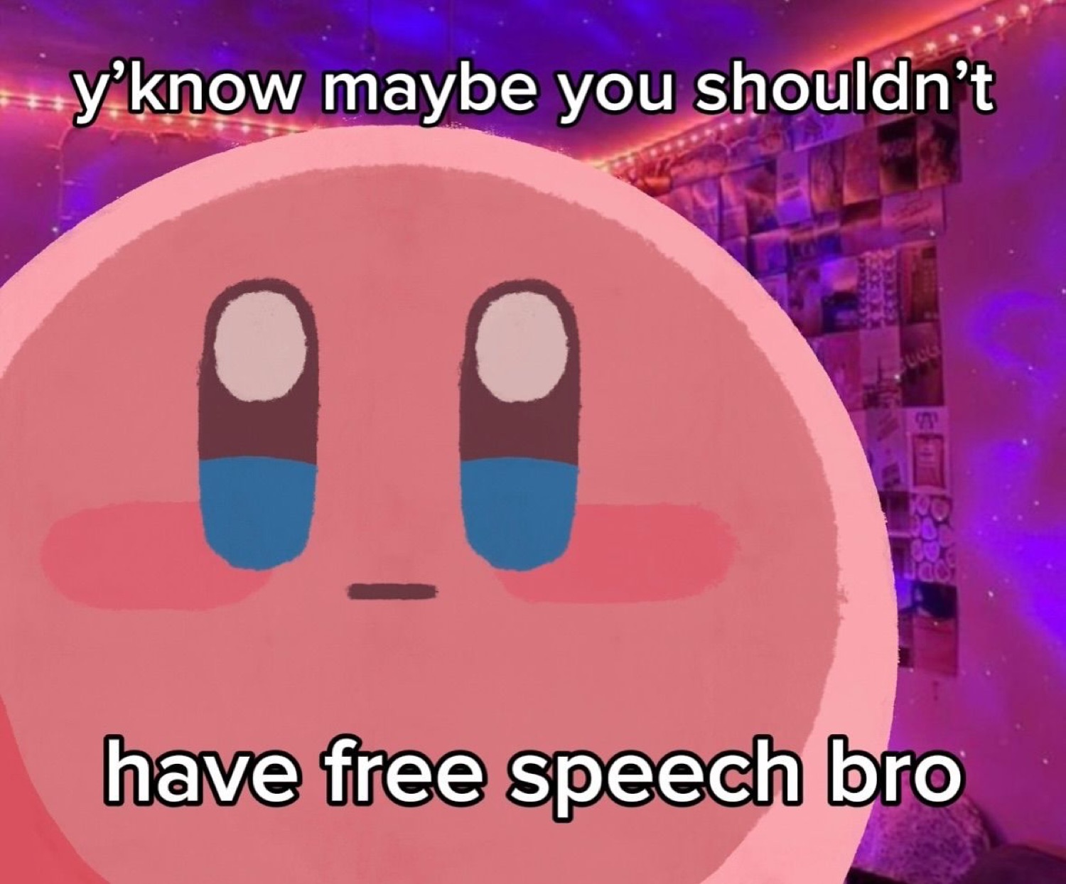 Kirby with dead eyes and a flat expression delivering a passive-aggressive opinion