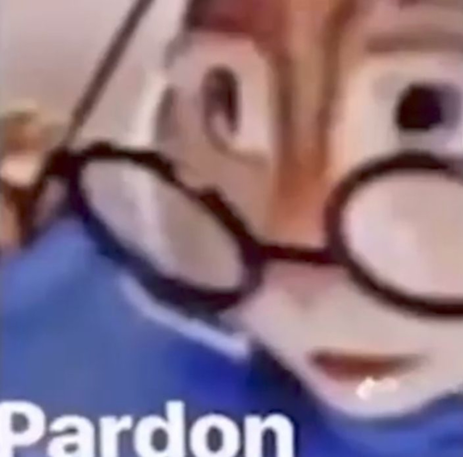 Blurry glasses-wearing cartoon face captioned 'Pardon' looking baffled