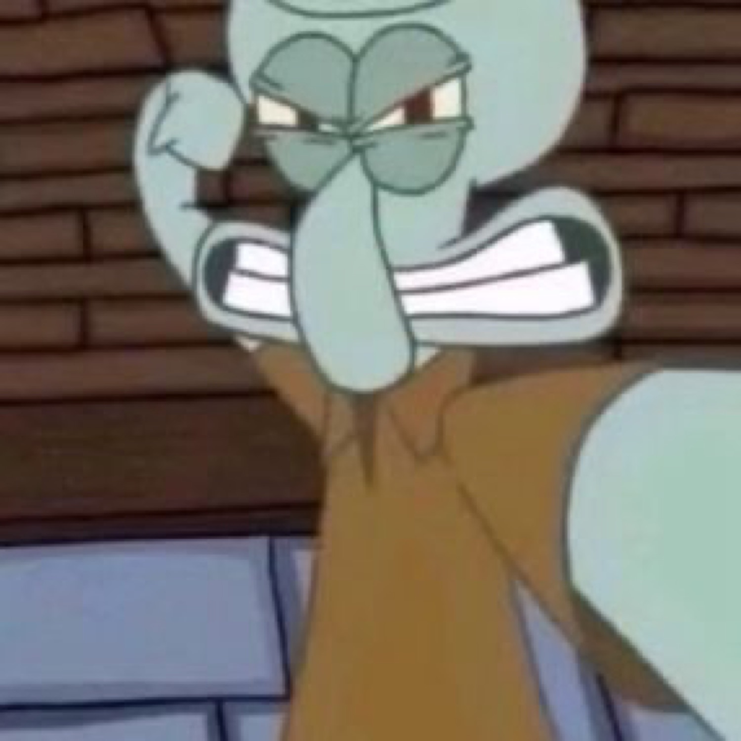Squidward taking a smug selfie with one hand raised, looking self-satisfied