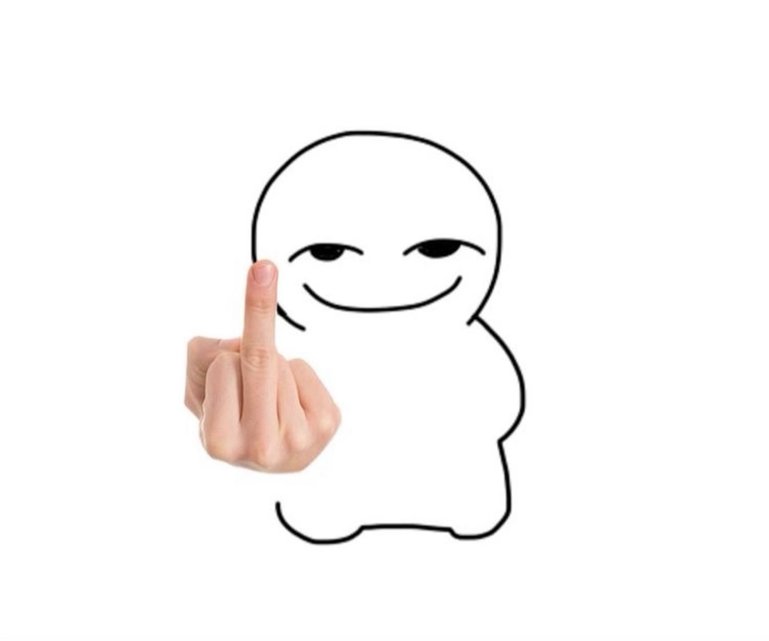 Smug stick-figure blob flipping the bird with a real hand