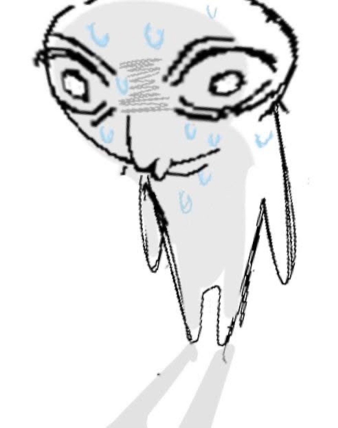 Crude sketch of a face sobbing with streams of tears and drips of sweat