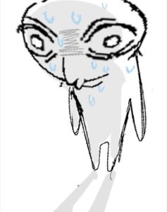Crude sketch of a face sobbing with streams of tears and drips of sweat