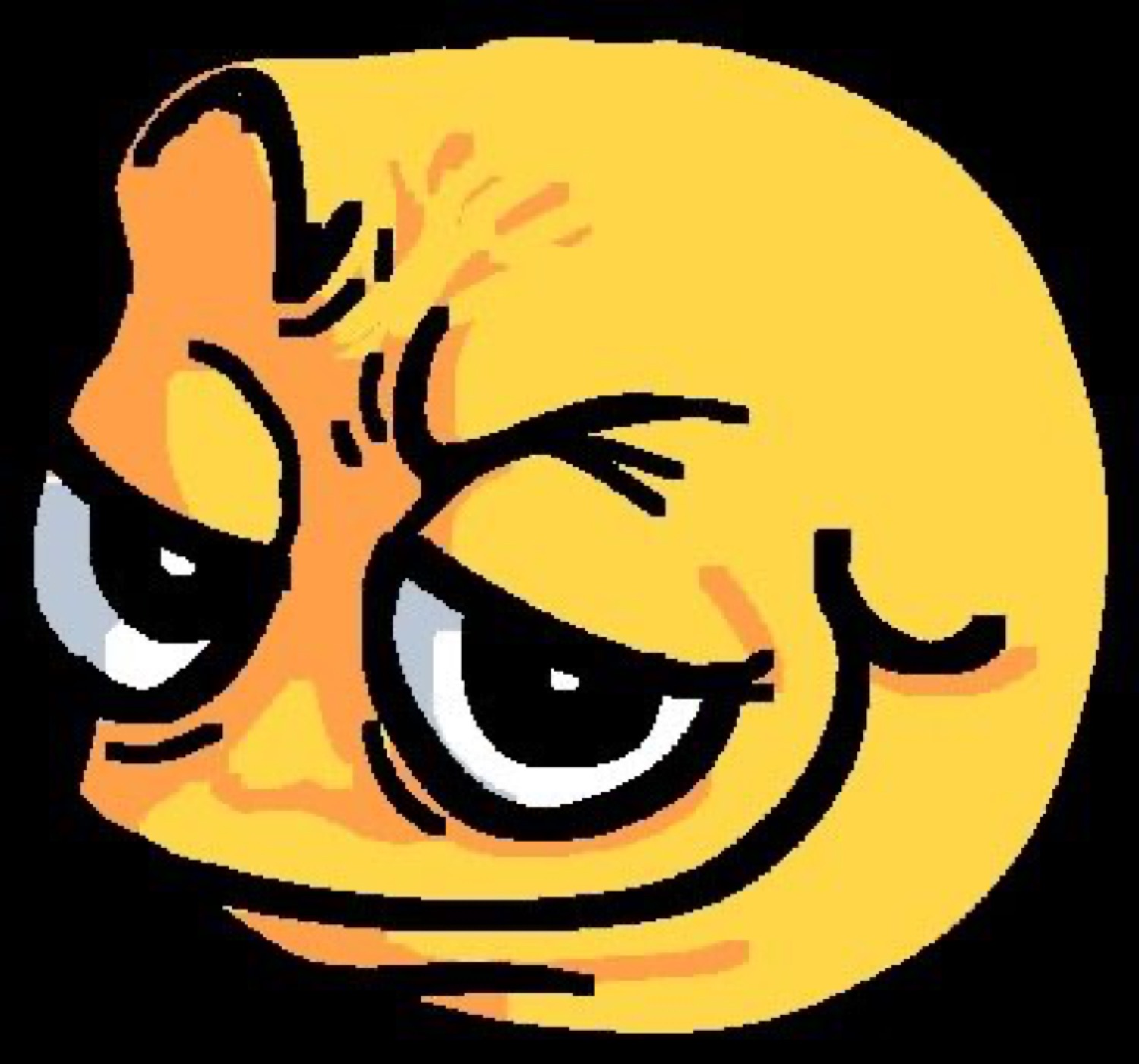 Cursed yellow emoji giving a heavy raised-eyebrow side-eye of suspicion