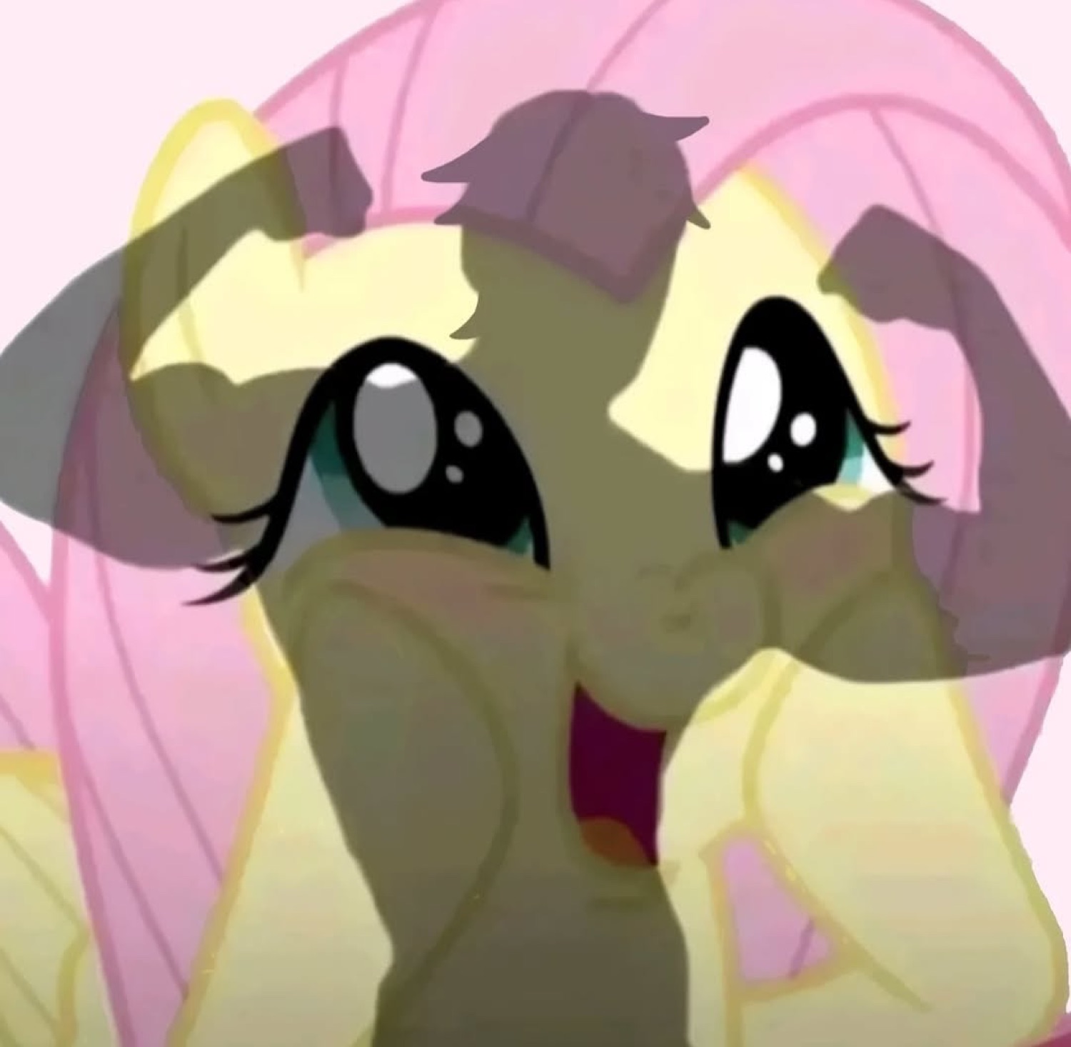 Fluttershy looking absolutely terrified, hooves raised and eyes blown wide open