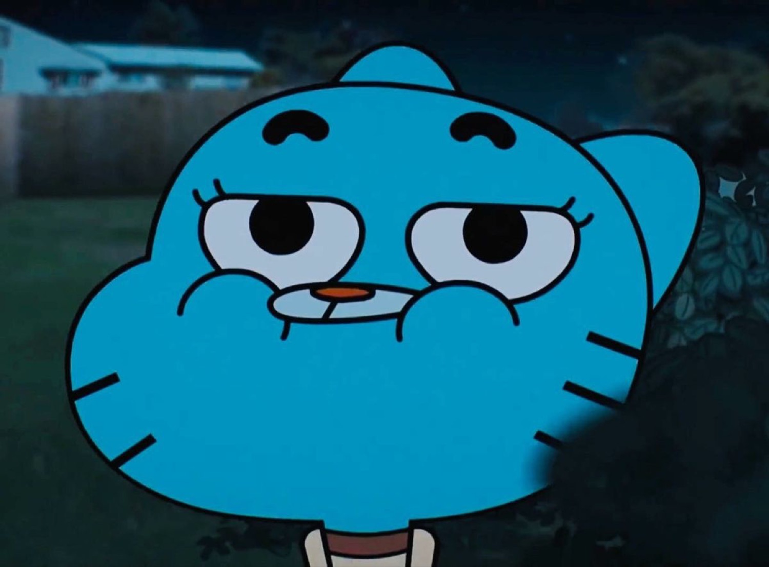 Blue cartoon cat with half-lidded eyes wearing a flat, unimpressed look