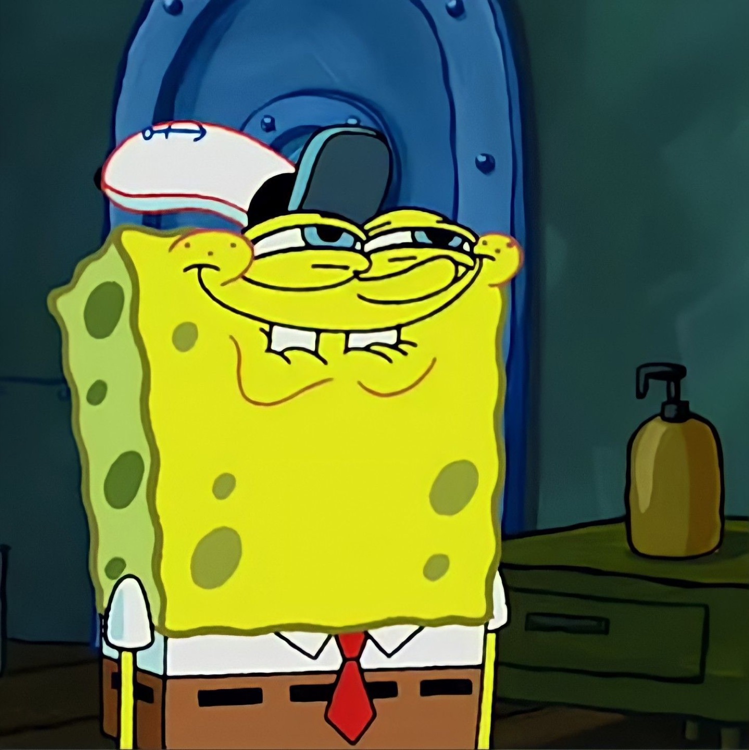 SpongeBob with a creepy side-eye grin and tilted hat looking like he has a plan