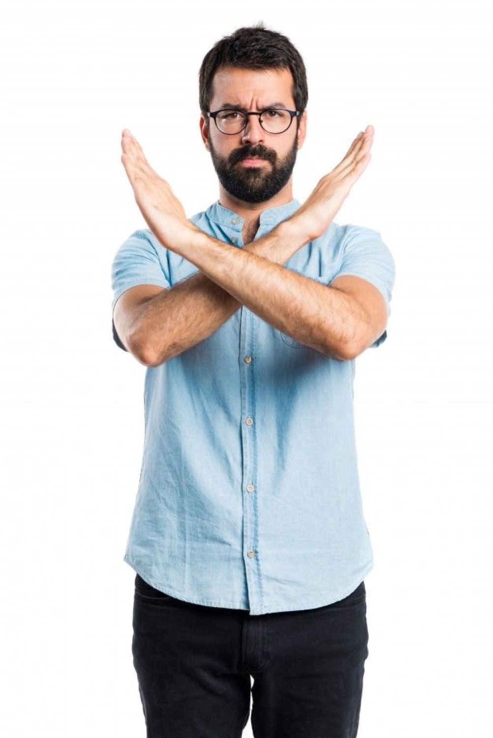Man in glasses crossing his arms in a firm X