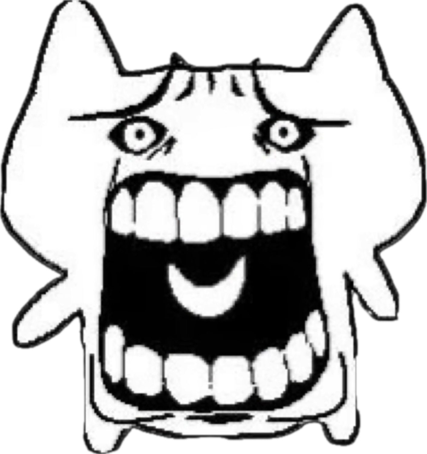 Black-and-white cartoon cat screaming with a huge open mouth full of teeth