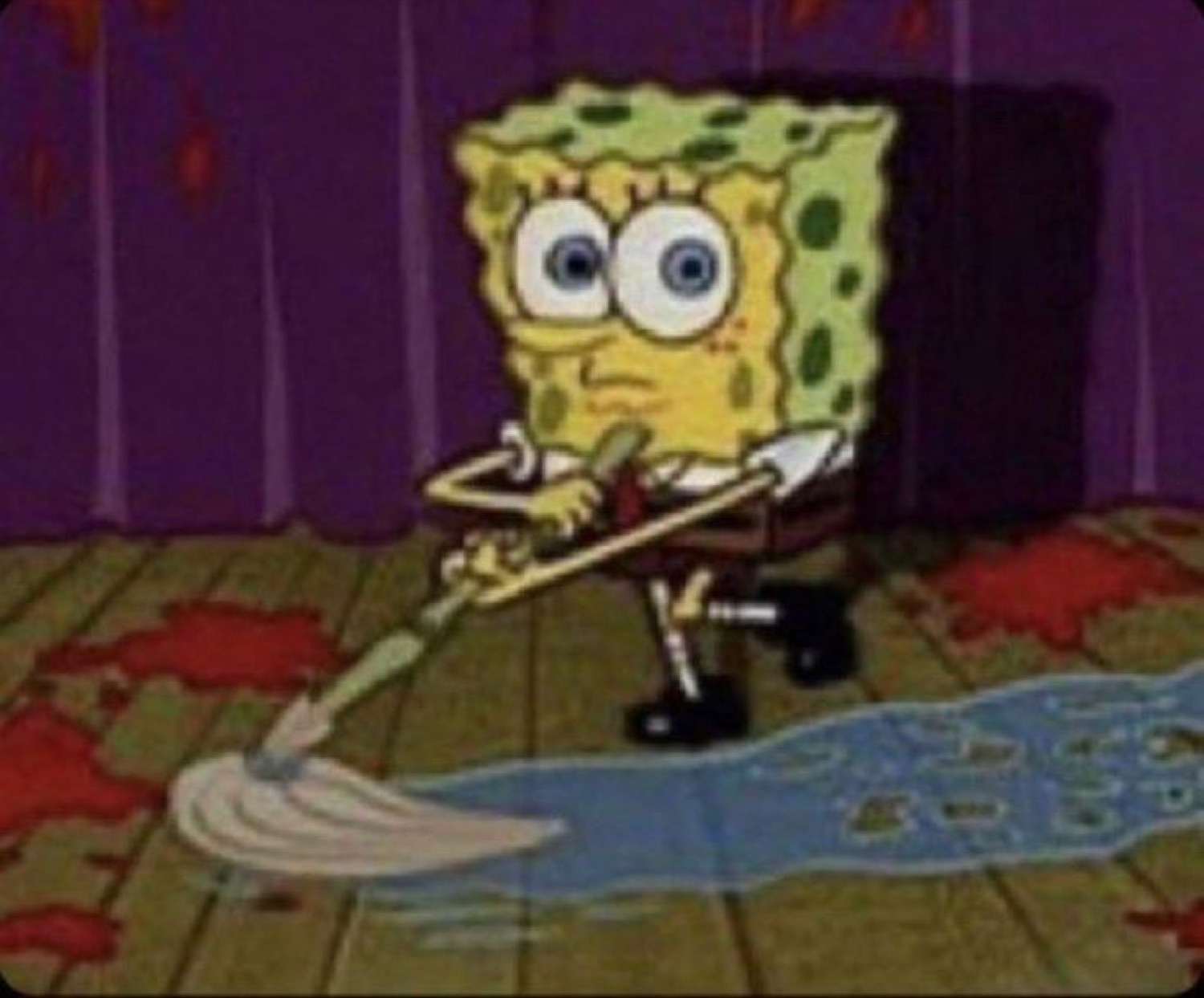 SpongeBob nervously mopping up a mess in a dim room, wide-eyed and uneasy