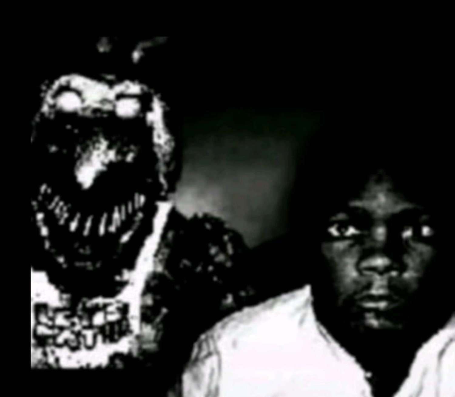 A grainy dark photo of a person beside a shadowy screaming creature