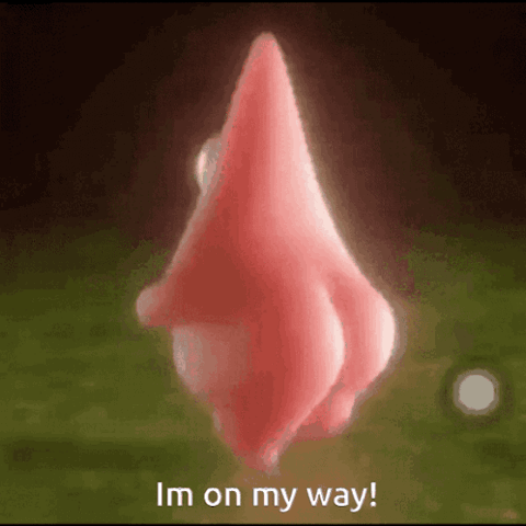 Pink Patrick Star figure waddling along, "I'm on my way!"