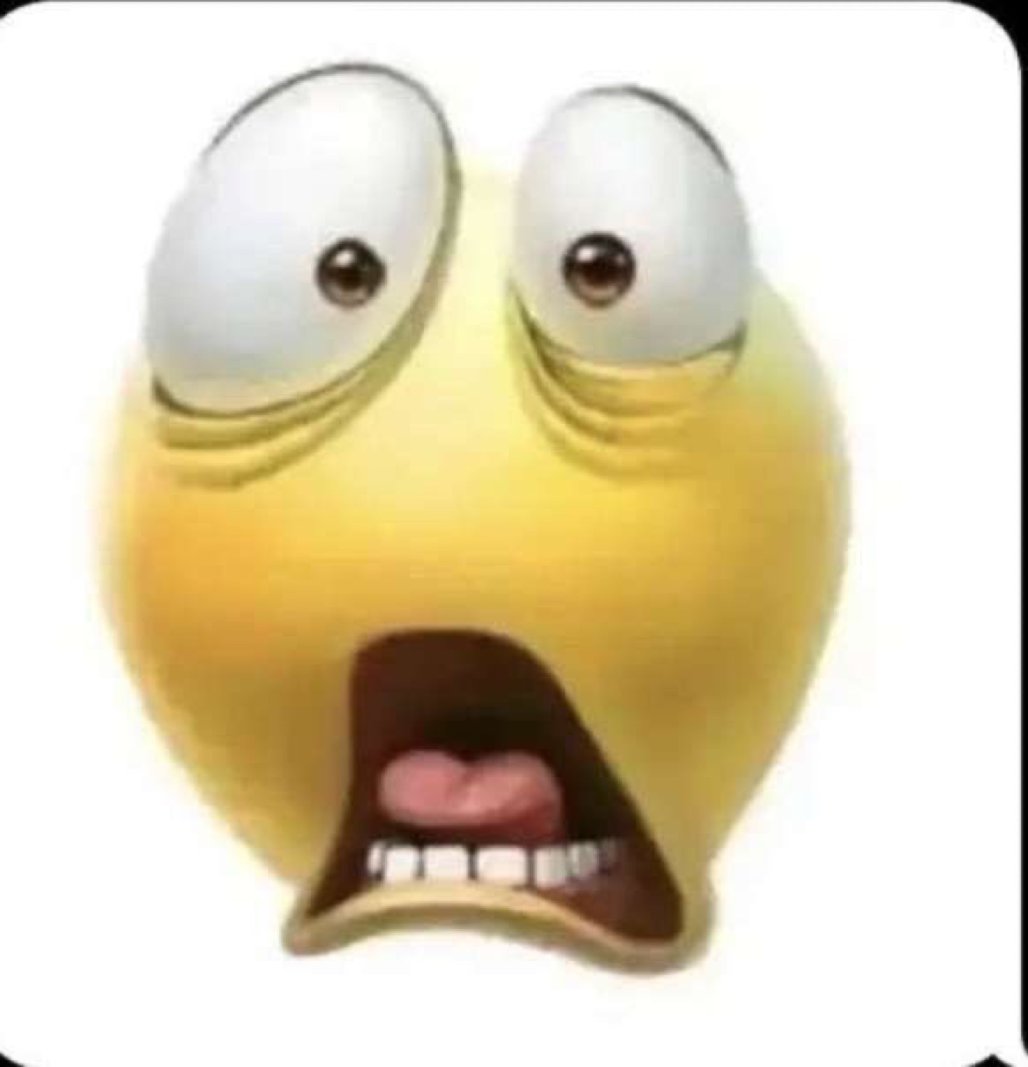 Bootleg yellow emoji with bulging eyes and a wide-open screaming mouth