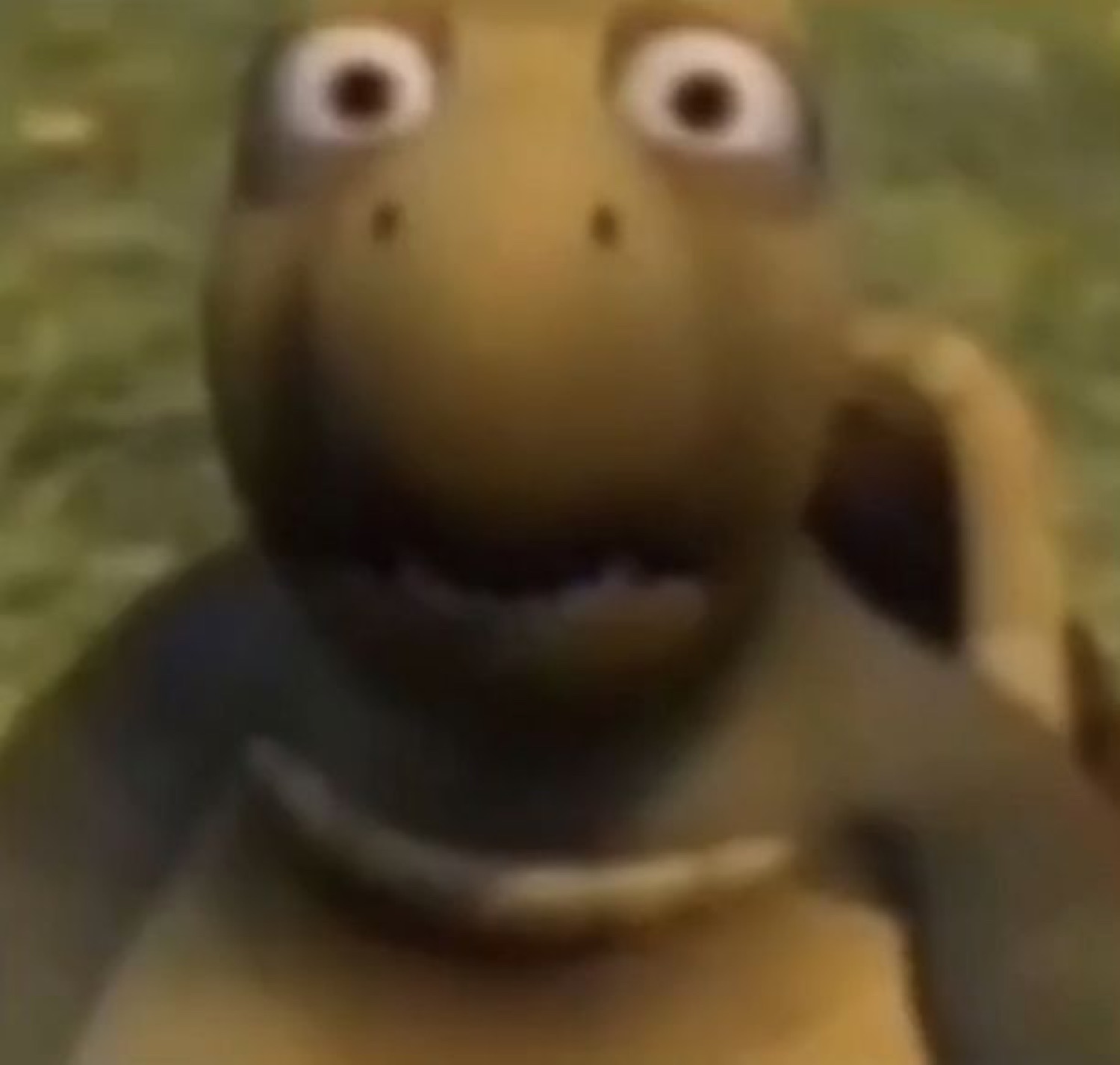 CGI turtle rushing the camera with bulging eyes and an open mouth in shock