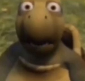 CGI turtle rushing the camera with bulging eyes and an open mouth in shock