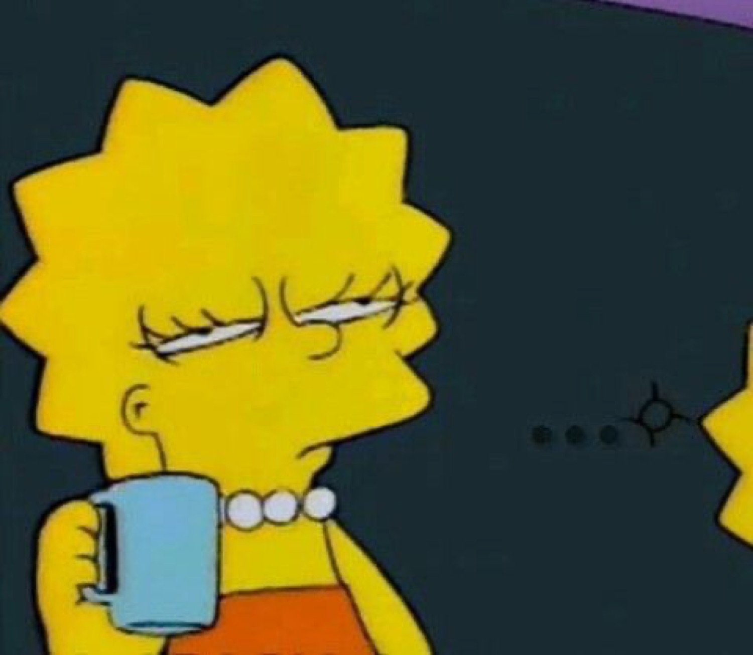 Lisa Simpson holding a coffee mug with heavy, tired eyes