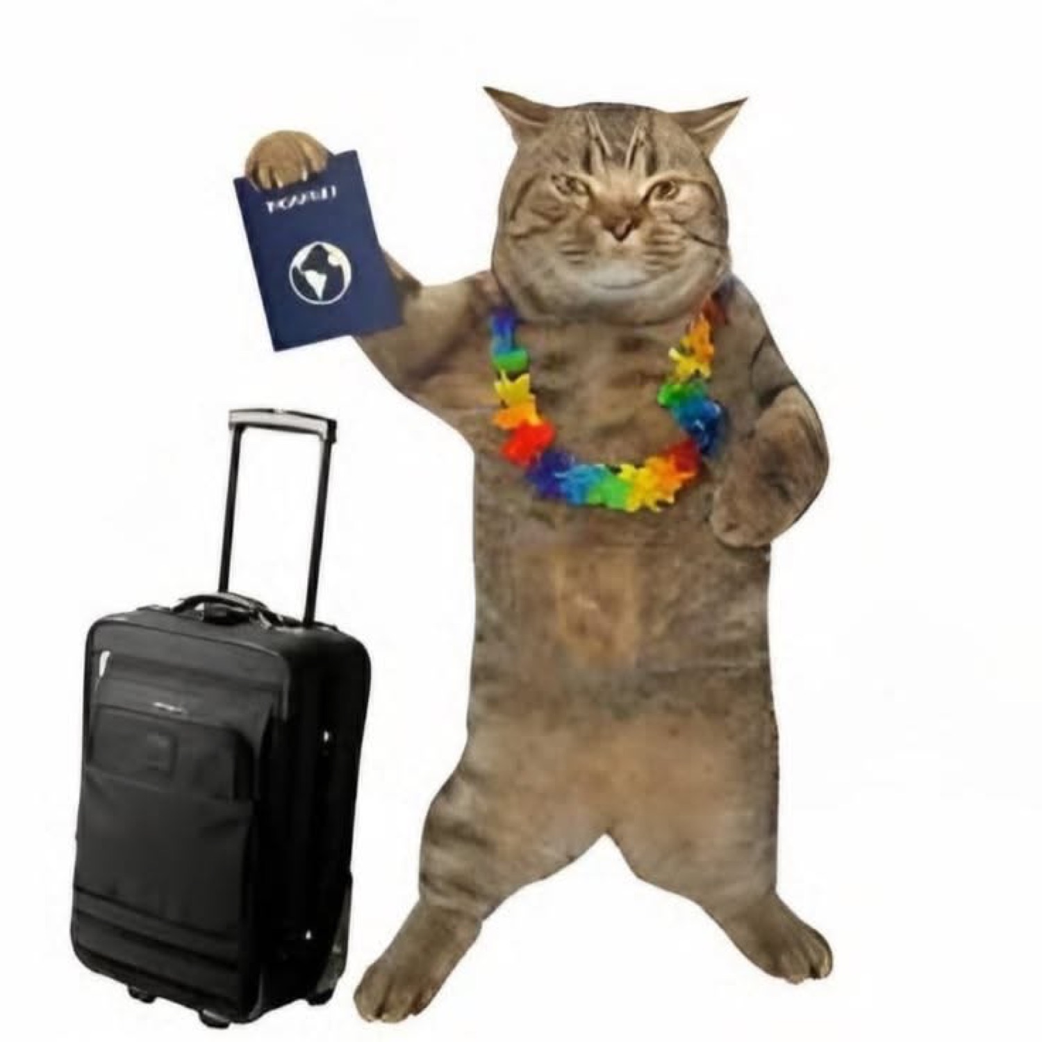 Cat standing upright with a passport, a flower lei and a suitcase