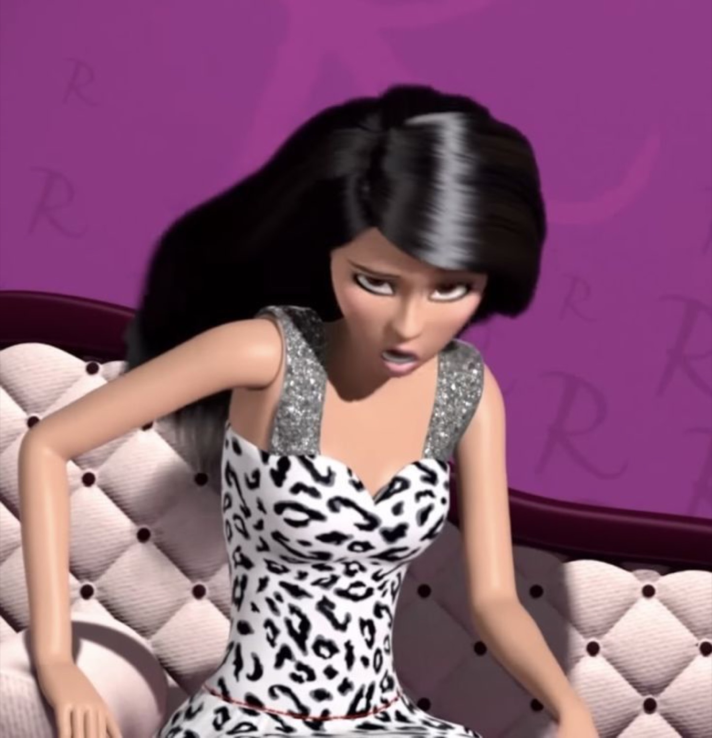 Animated woman in a leopard dress leaning over with a disgusted, judgmental sneer