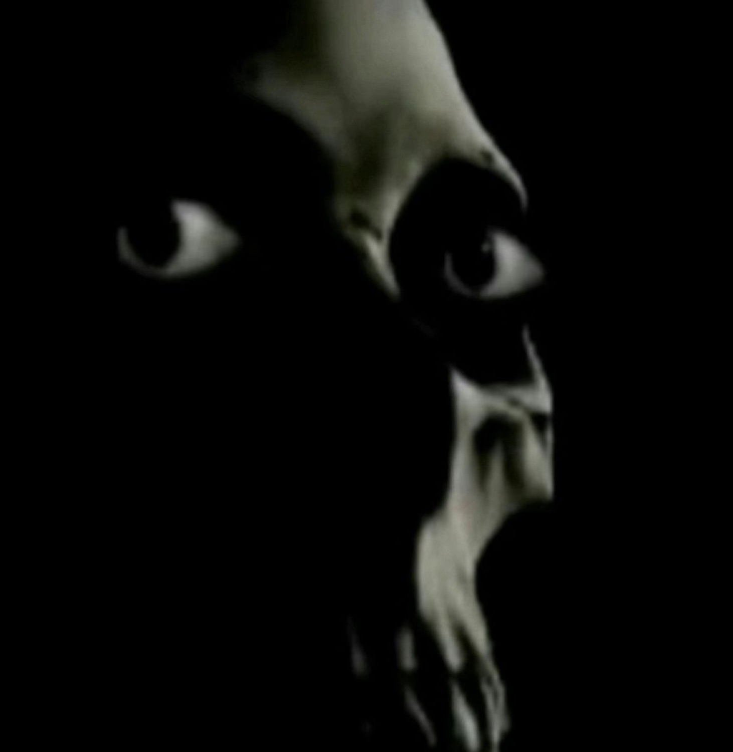 Dark moody face emerging from shadows with wide hollow eyes and a grimacing open mouth