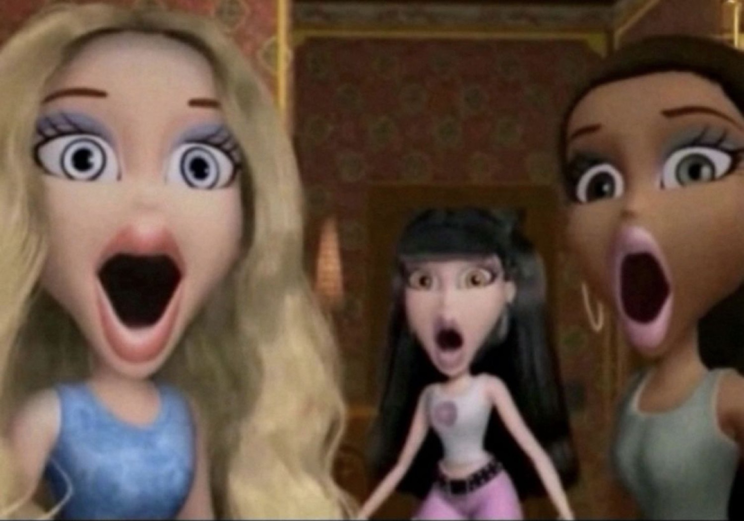 Three Bratz-style CGI dolls all screaming at exactly the same time