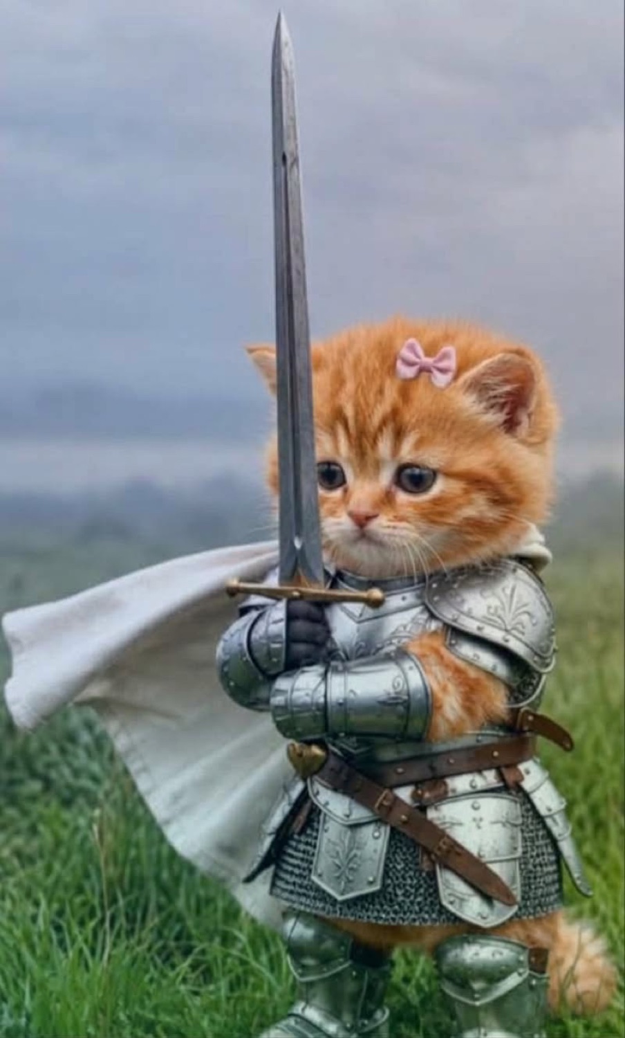 Orange knight kitten in armor and a cape with a pink bow, raising a sword