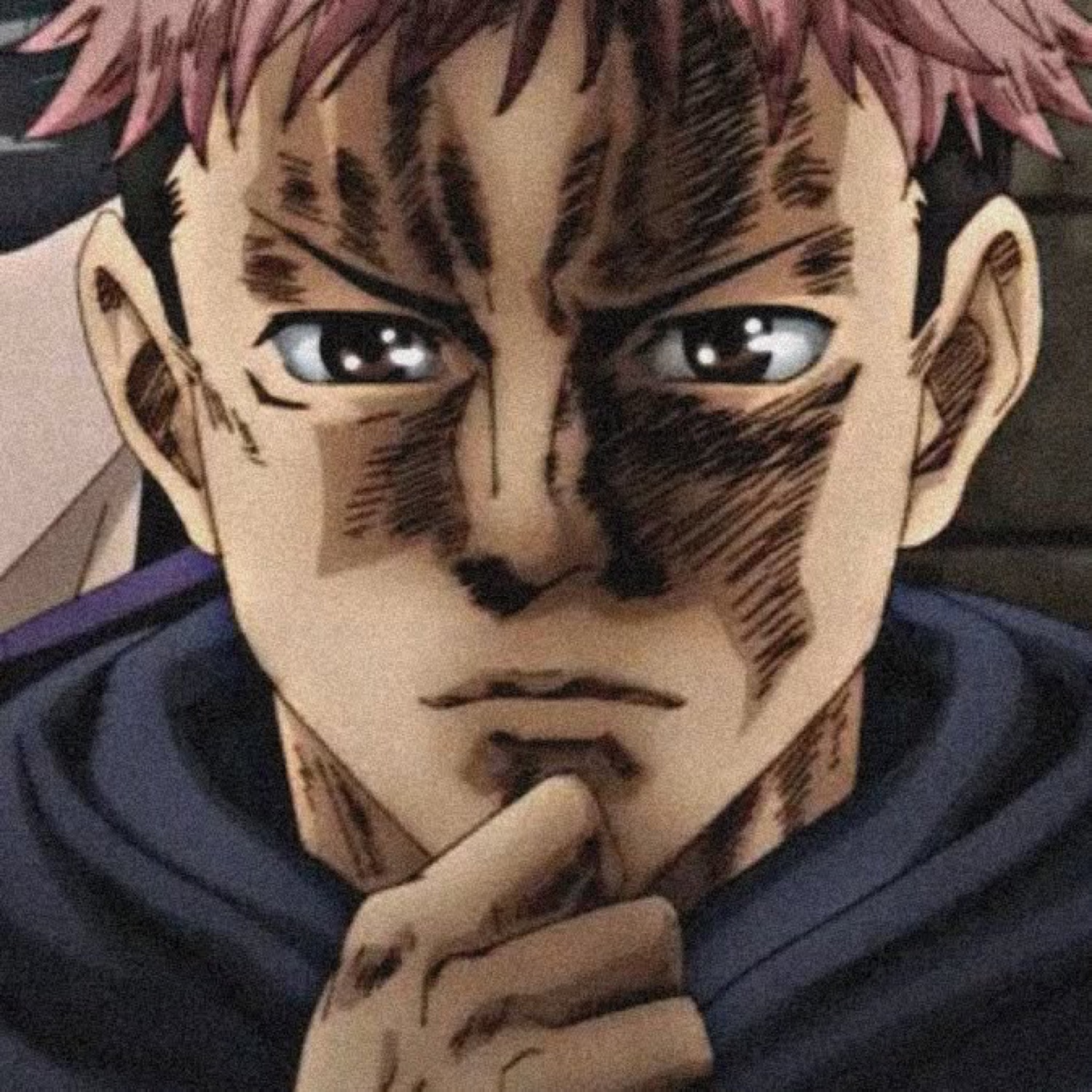 A pink-haired anime character with a bruised face touching his chin, deep in thought