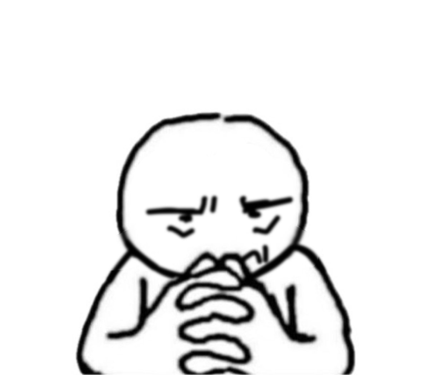 Crude stick-figure doodle of a hunched figure with furrowed brows, fingers interlaced, deep in thought