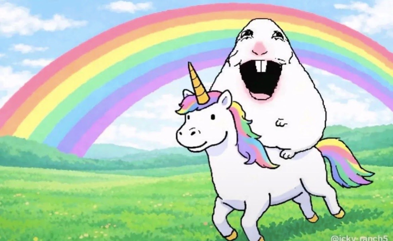 Pear-shaped cartoon creature riding a unicorn under a rainbow, mouth wide open in joy