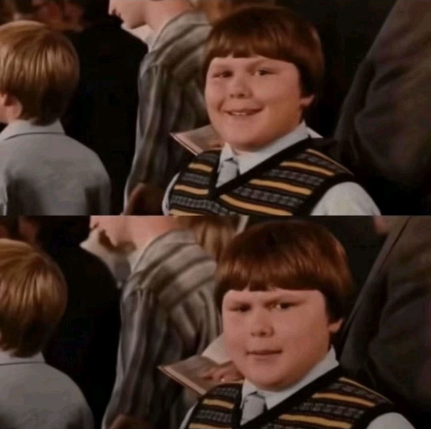 Two-panel of a boy going from a friendly smile to a smug knowing side-eye