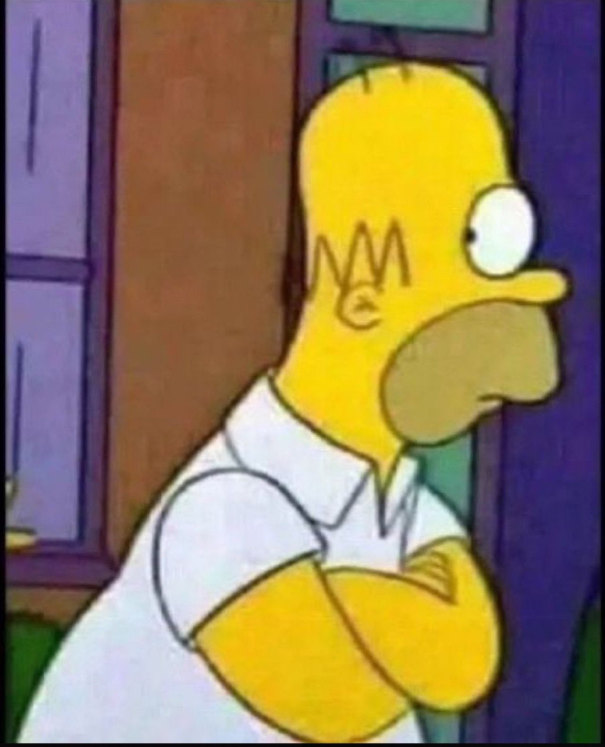 Homer Simpson with arms crossed, giving a suspicious sideways glare