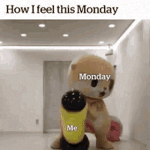 Ted the teddy bear knocked down by a giant bottle labeled Monday, "How I feel this Monday"
