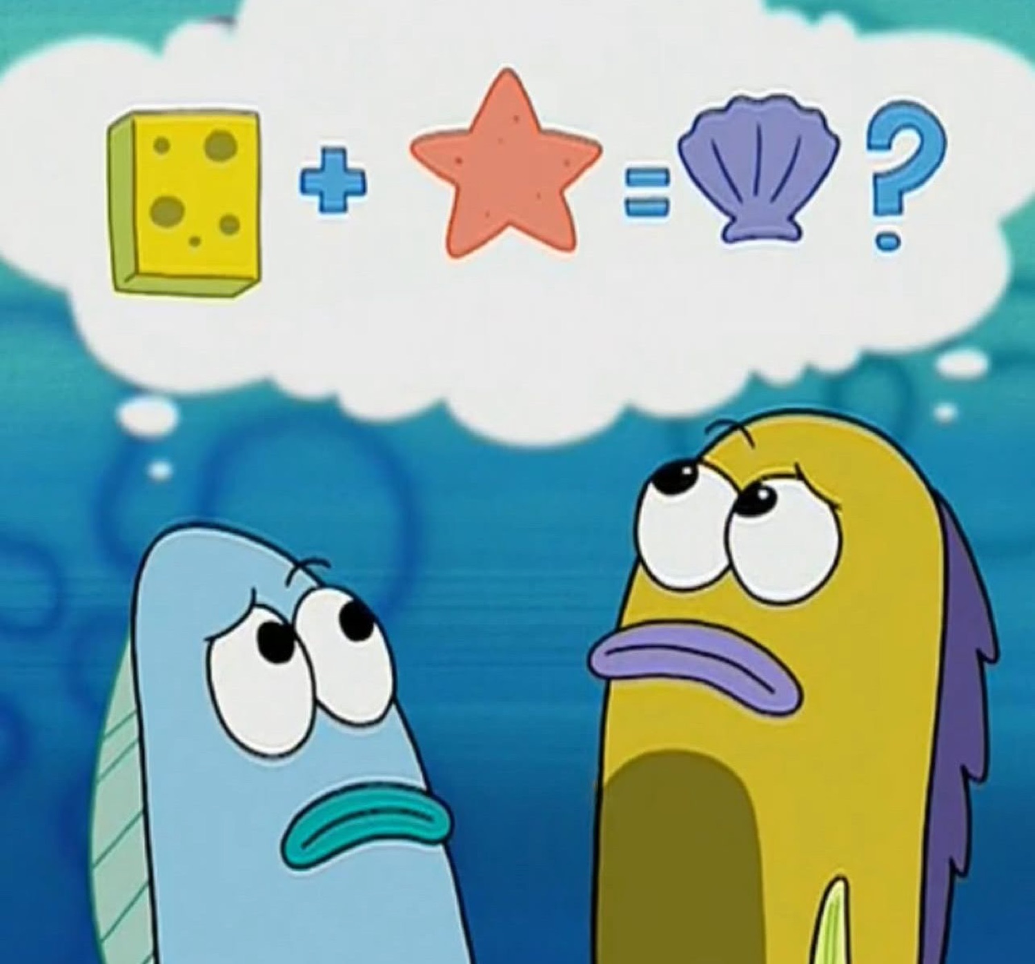 Two SpongeBob fish squinting up at a baffling sponge-plus-star-equals-shell thought bubble