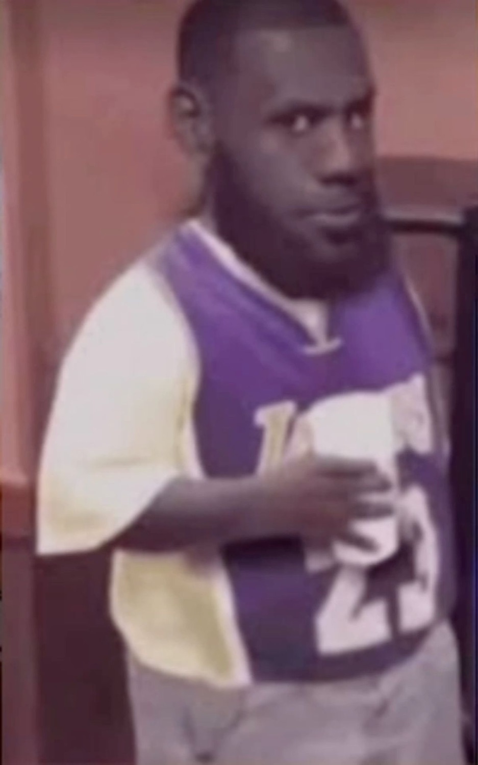 Blurry LeBron standing awkwardly in a purple jersey