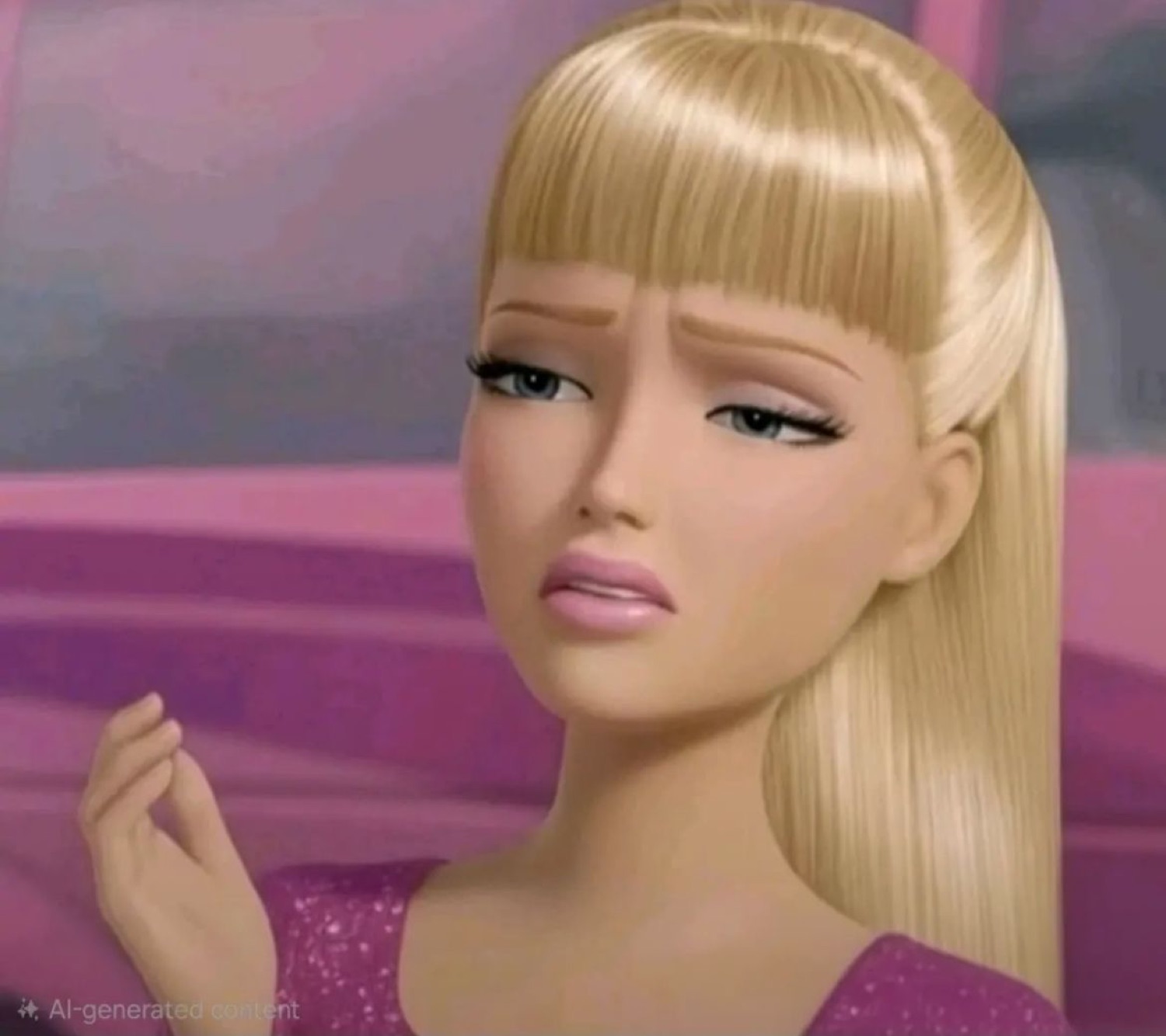 Animated blonde doll character eyeing something off-screen with an unimpressed, skeptical look