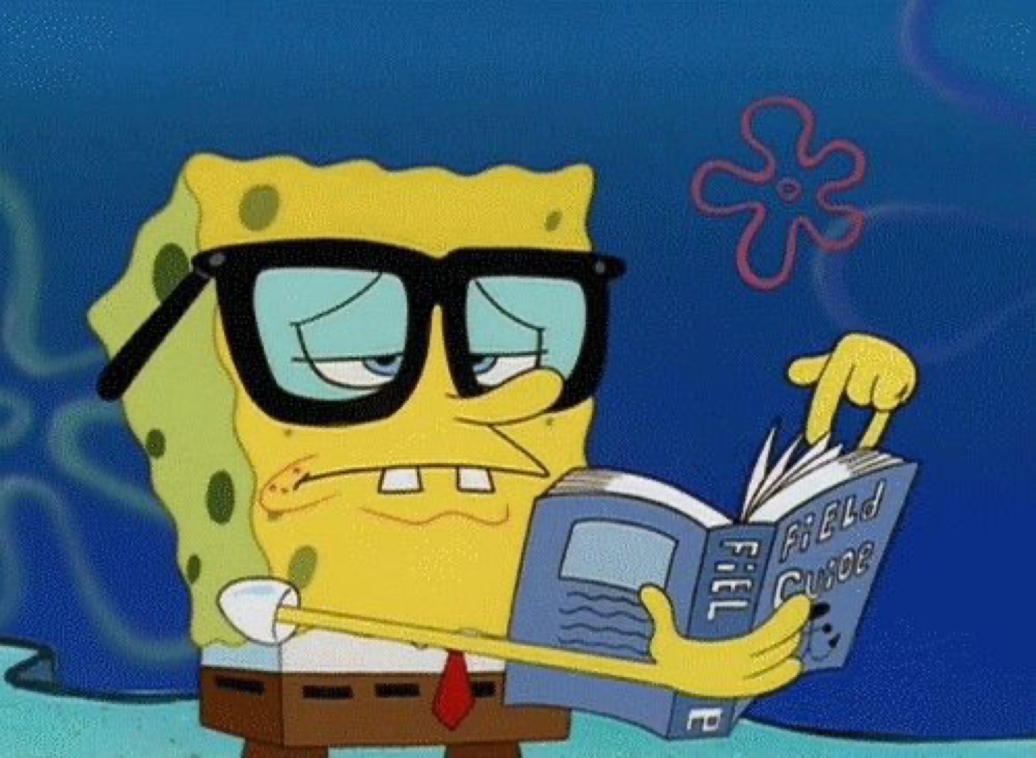 SpongeBob in glasses smugly reading a book