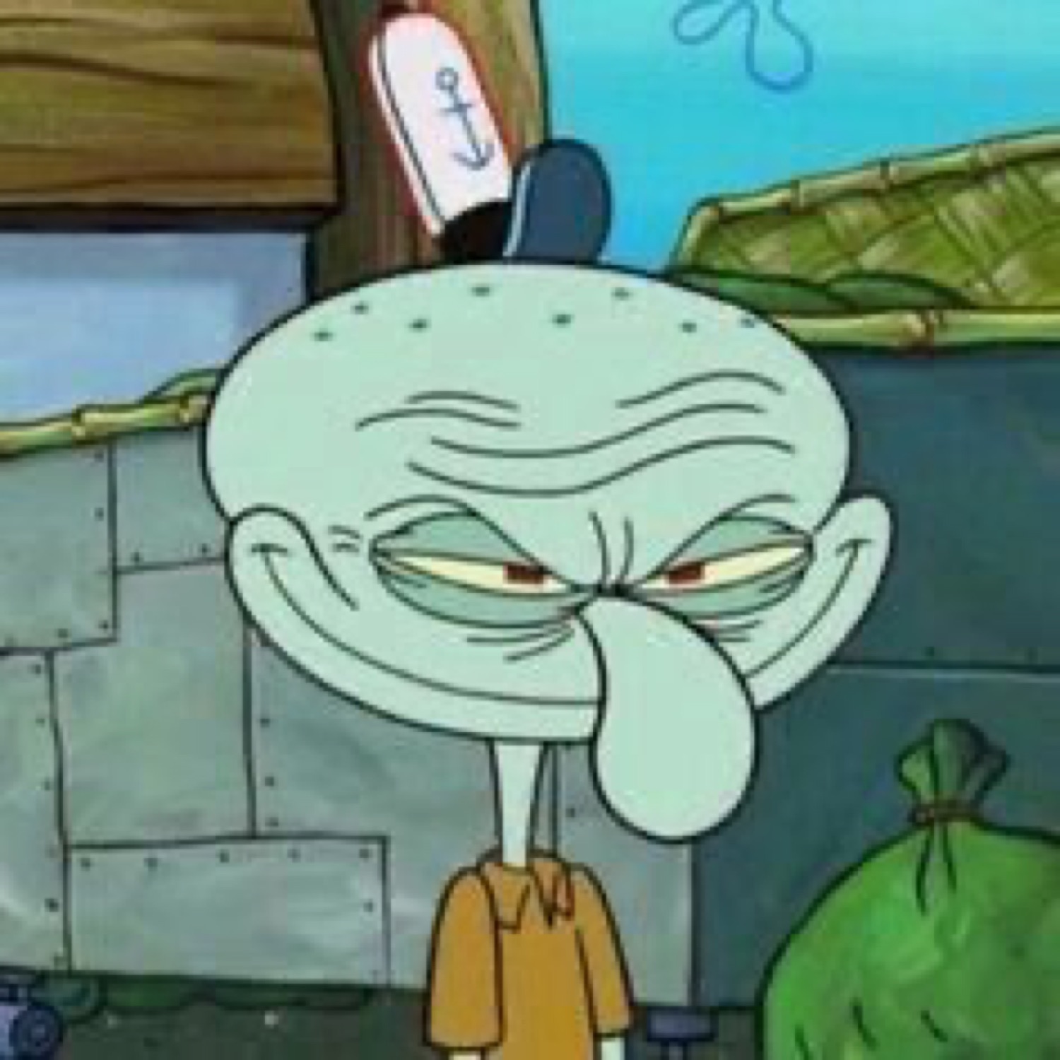 Squidward in his cashier cap smirking with a smug, half-lidded superior look