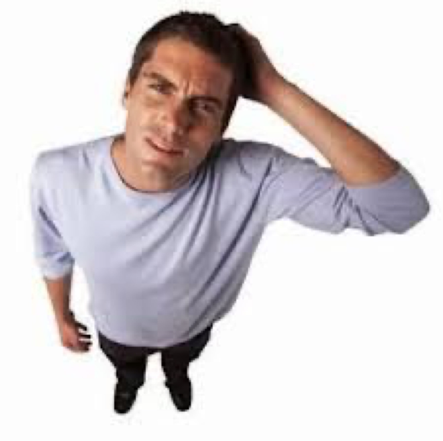 Man looking up at the camera scratching his head with a puzzled frown