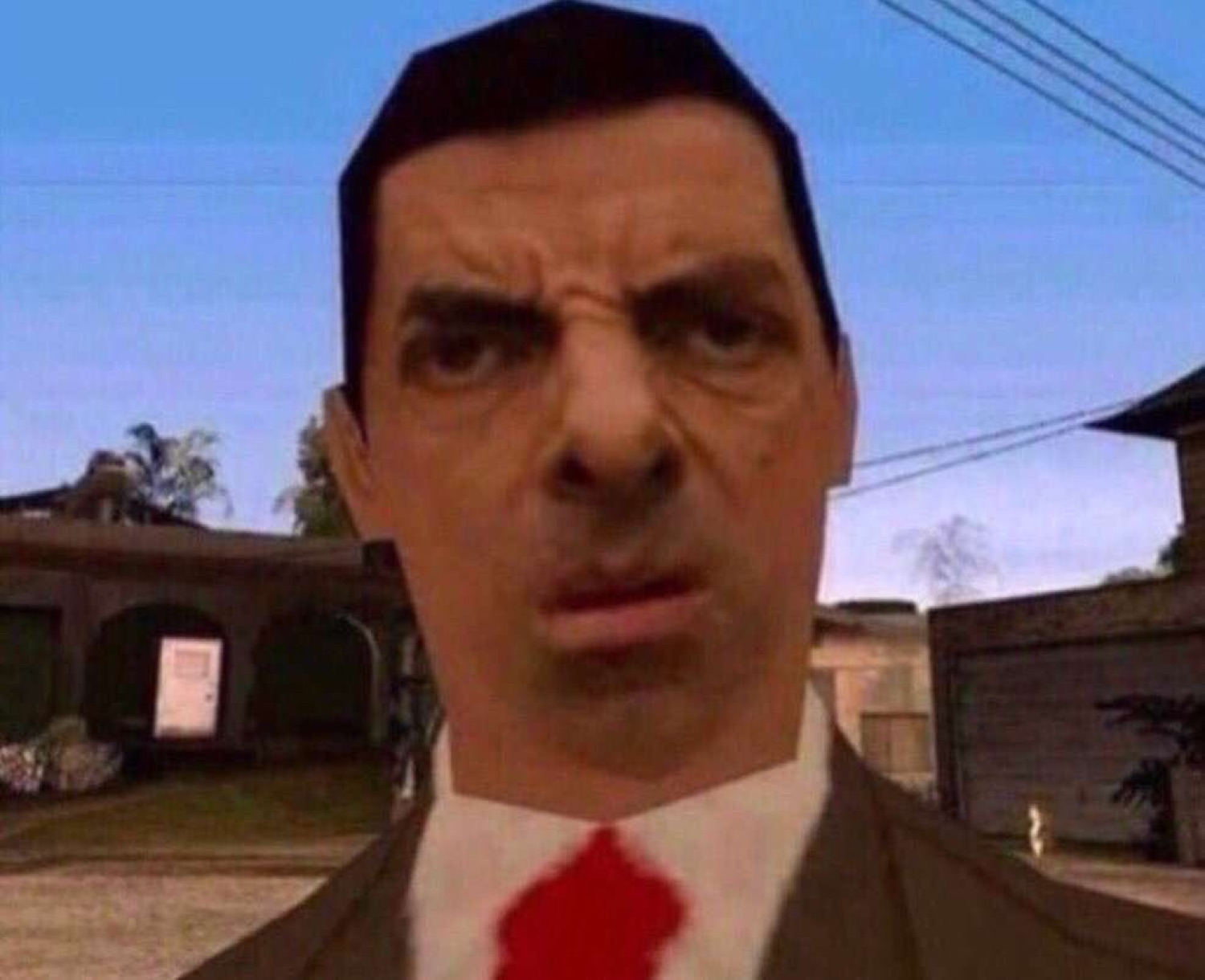Mr. Bean's face pasted onto a low-poly game character glaring flatly