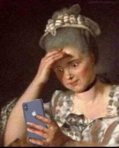 Old painting of a woman facepalming in shock while staring at a modern iPhone