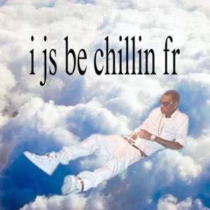 Man in all-white lounging back on the clouds captioned 'i js be chillin fr'